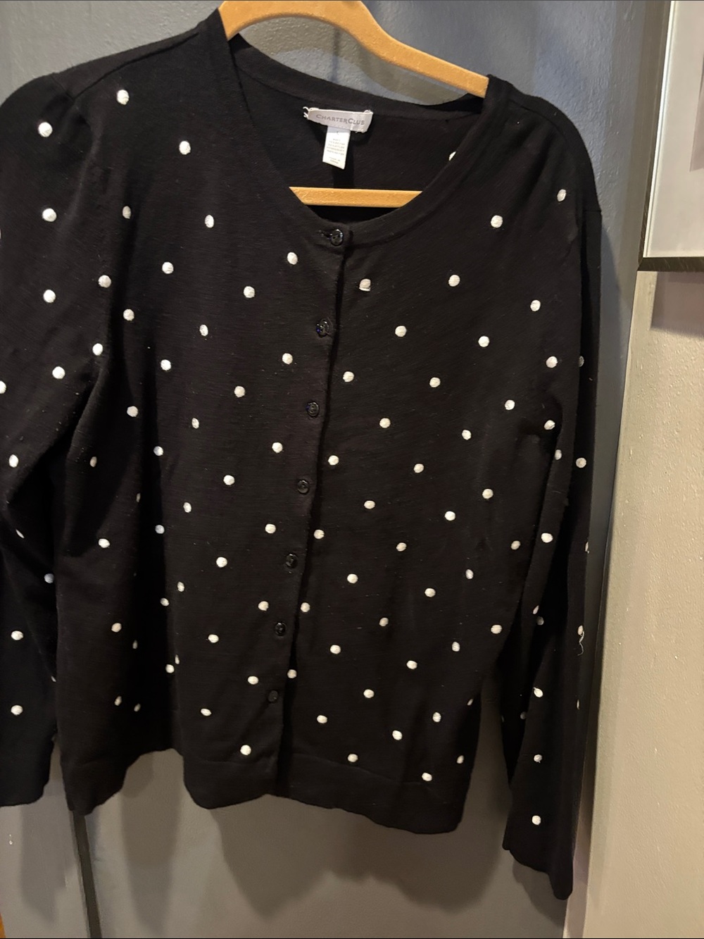Charter Club Black Cardigan with White Polka Dots